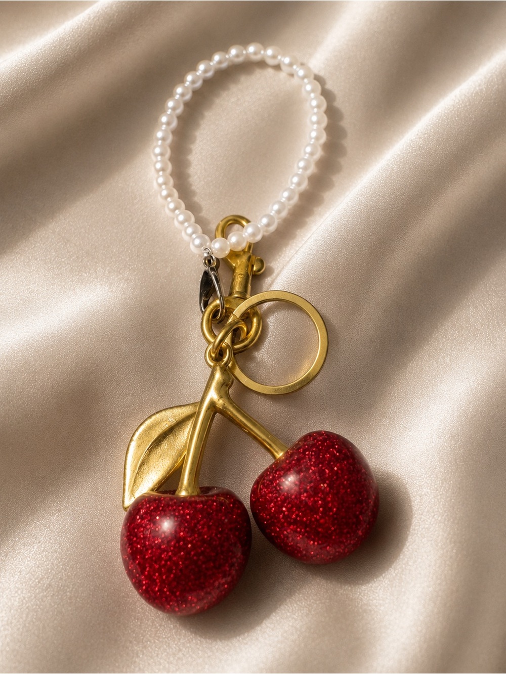 New Glitter Cherry Keychain Bracelet - Red & Gold